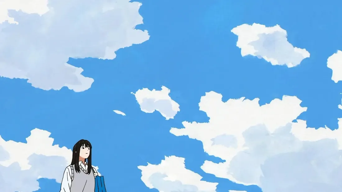 蓝天白云下抬头望天的女孩插画
